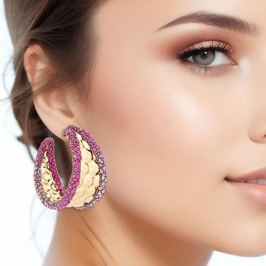 Chic Hoop Earrings Gold Textured Fuchsia Rhinestone Detail Pinktown