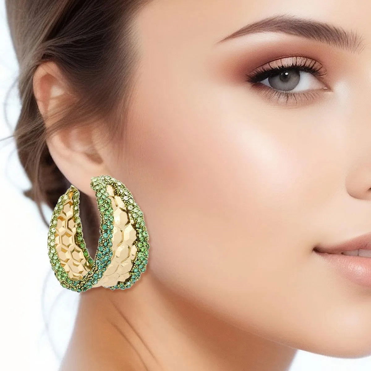 Chic Hoop Earrings Gold Textured Green Rhinestone Detail Jewelry Bubble