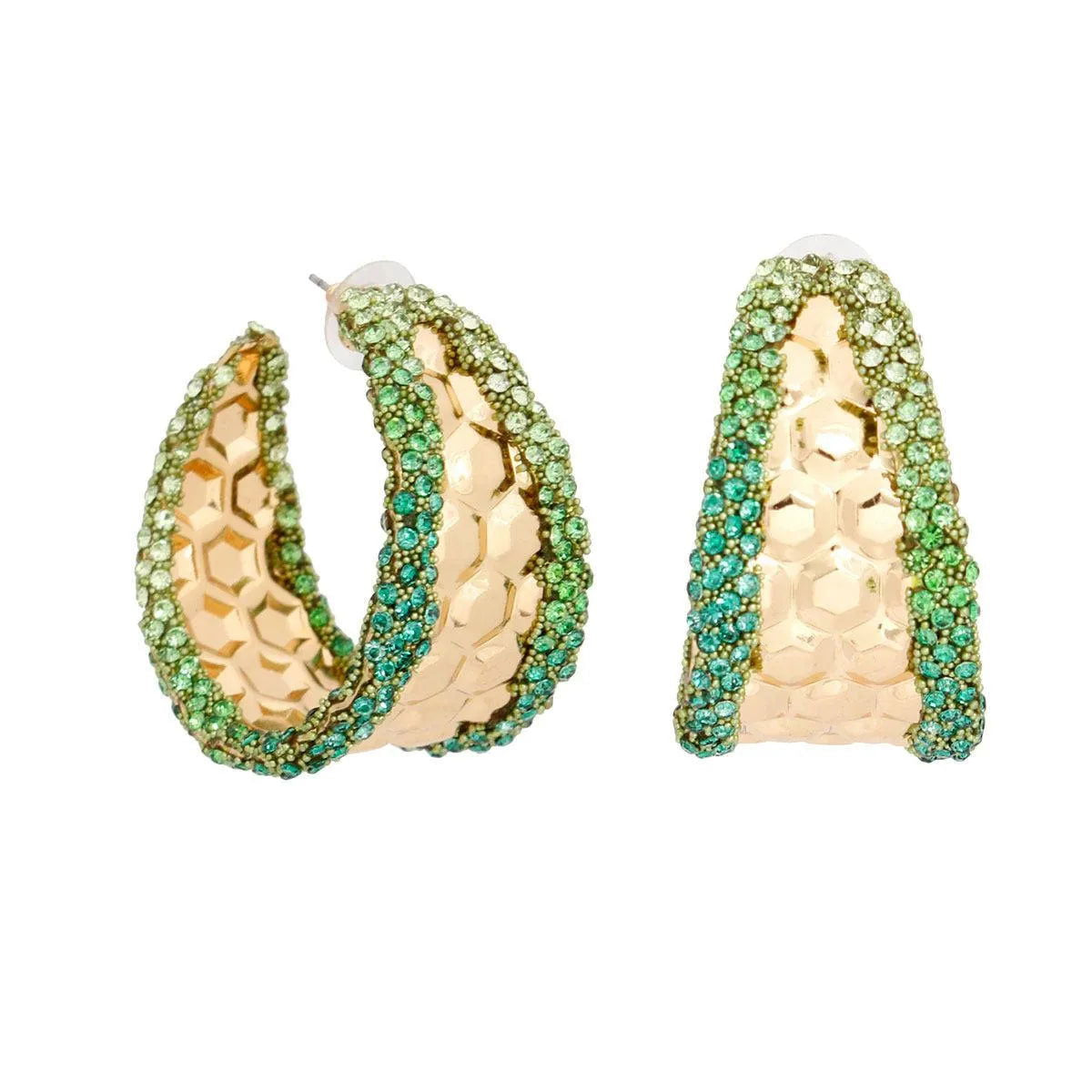 Chic Hoop Earrings Gold Textured Green Rhinestone Detail Jewelry Bubble