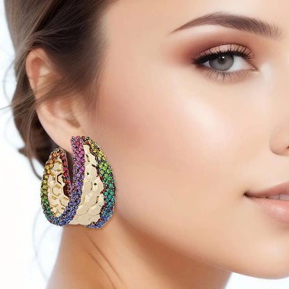 Chic Hoop Earrings Gold Textured Rainbow Rhinestone Detail Jewelry Bubble