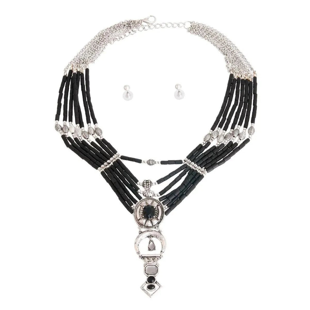 Chic Layered Black Beads Necklace Set - Statement Fashion Piece