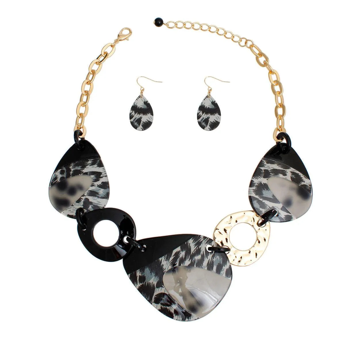 Chic Leopard Black Marbled Acrylic Link Necklace Set - Trendy and Elegant Statement Jewelry Jewelry Bubble