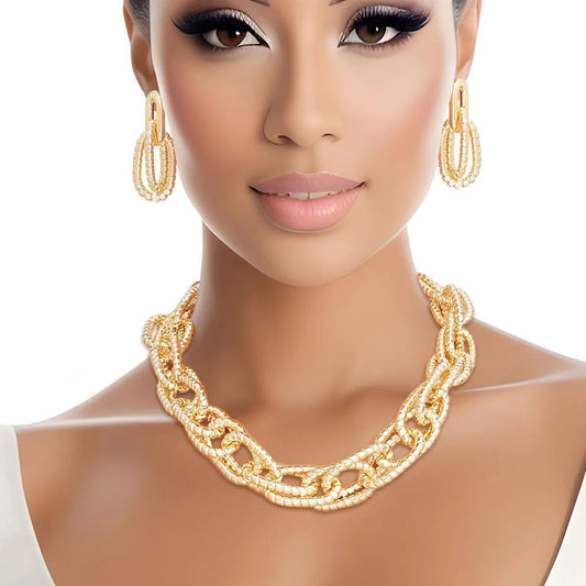 Chic Shiny Gold Oval Link Chain Necklace & Earrings Set - Fashion Jewelry Jewelry Bubble