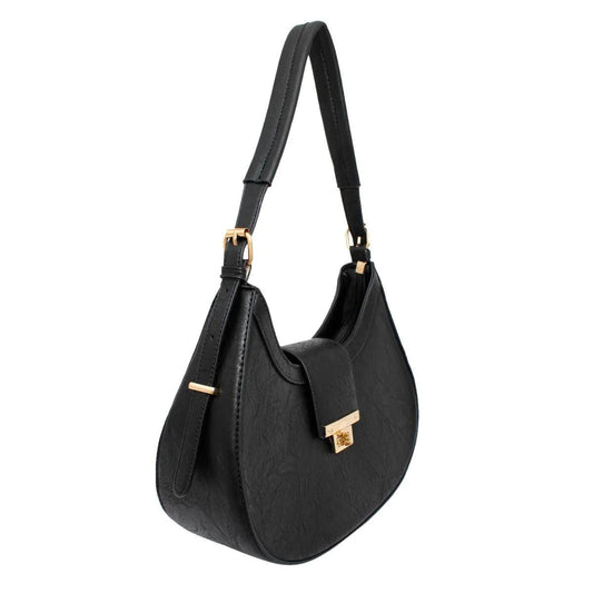 Chic Sophistication: Vegan Leather Shoulder Handbag with Rounded Silhouette and Flap Closure - Black Jewelry Bubble