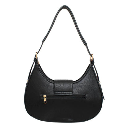 Chic Sophistication: Vegan Leather Shoulder Handbag with Rounded Silhouette and Flap Closure - Black Jewelry Bubble