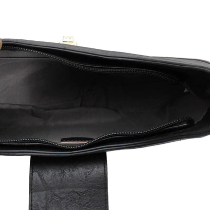 Chic Sophistication: Vegan Leather Shoulder Handbag with Rounded Silhouette and Flap Closure - Black Jewelry Bubble