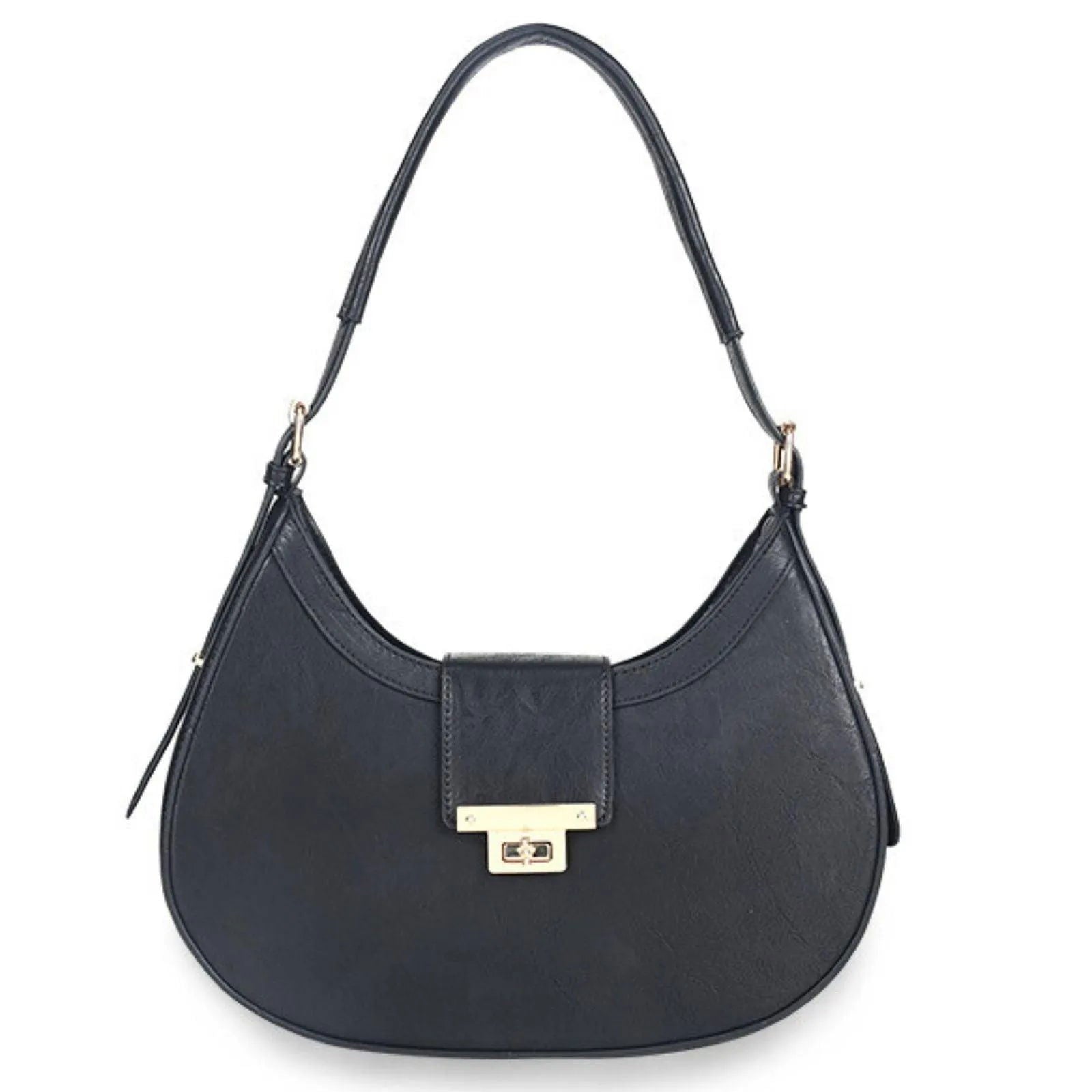 Chic Sophistication: Vegan Leather Shoulder Handbag with Rounded Silhouette and Flap Closure - Black Jewelry Bubble