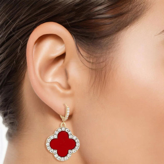 Chic & Trendy: Red Clover Dangle Drop Earrings in Gold Pinktown