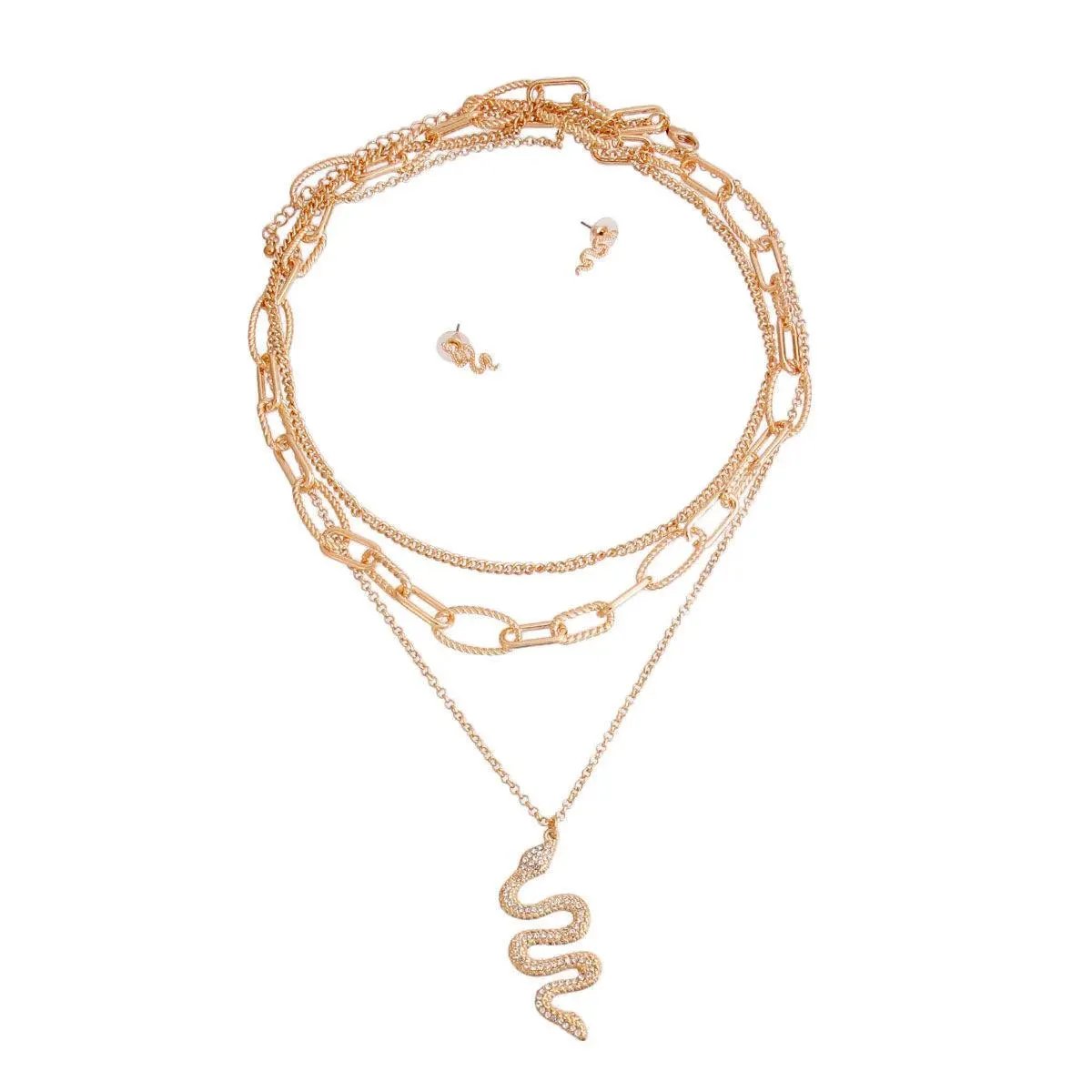 Chic and Sleek Gold Fashion Jewelry: Layered Serpent Pendant Necklace