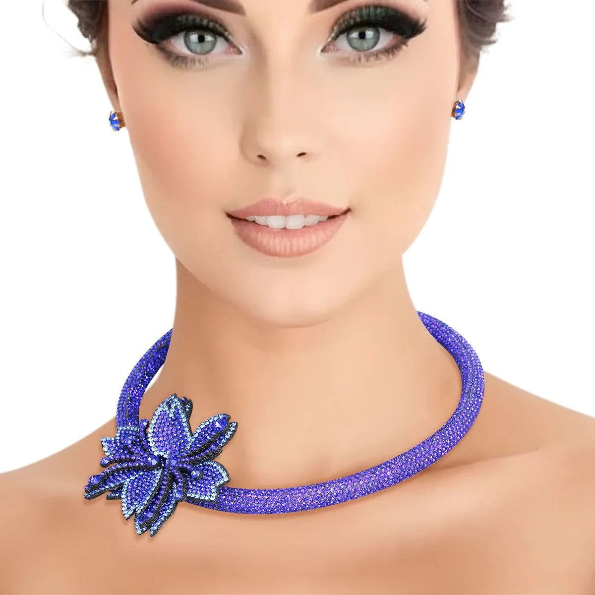 Choker Royal Blue Bling Pointed Flower Set Women Jewelry Bubble