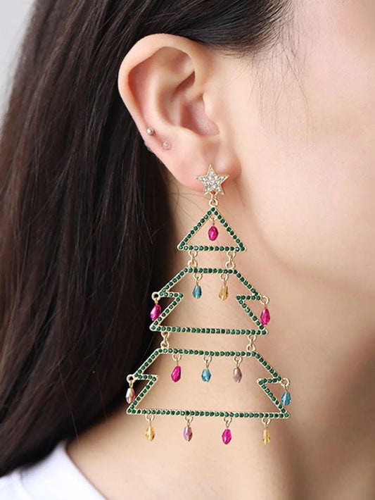 Christmas Tree-Shaped Rhinestone Enamel Dangle Earrings Pinktown