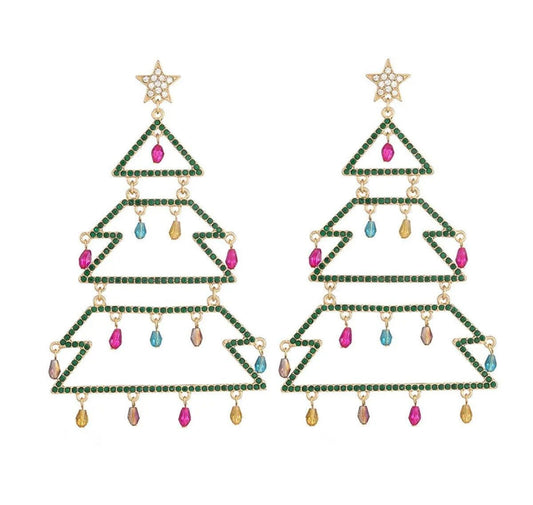 Christmas Tree-Shaped Rhinestone Enamel Dangle Earrings Pinktown