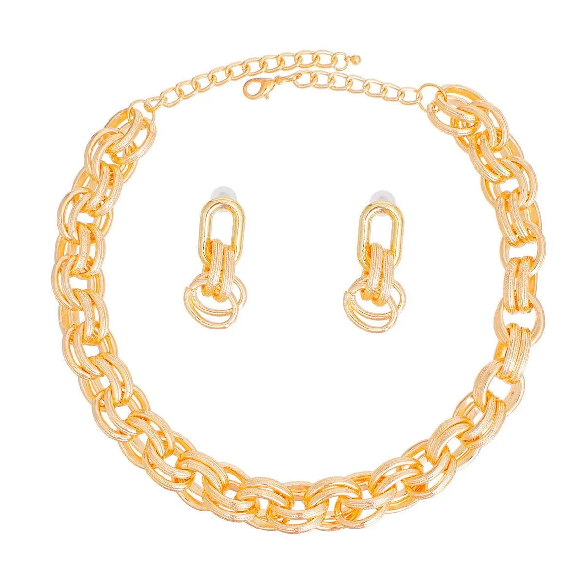 Chunky Gold Oval Link Chain Necklace & Earrings Set - Fashion Jewelry Jewelry Bubble