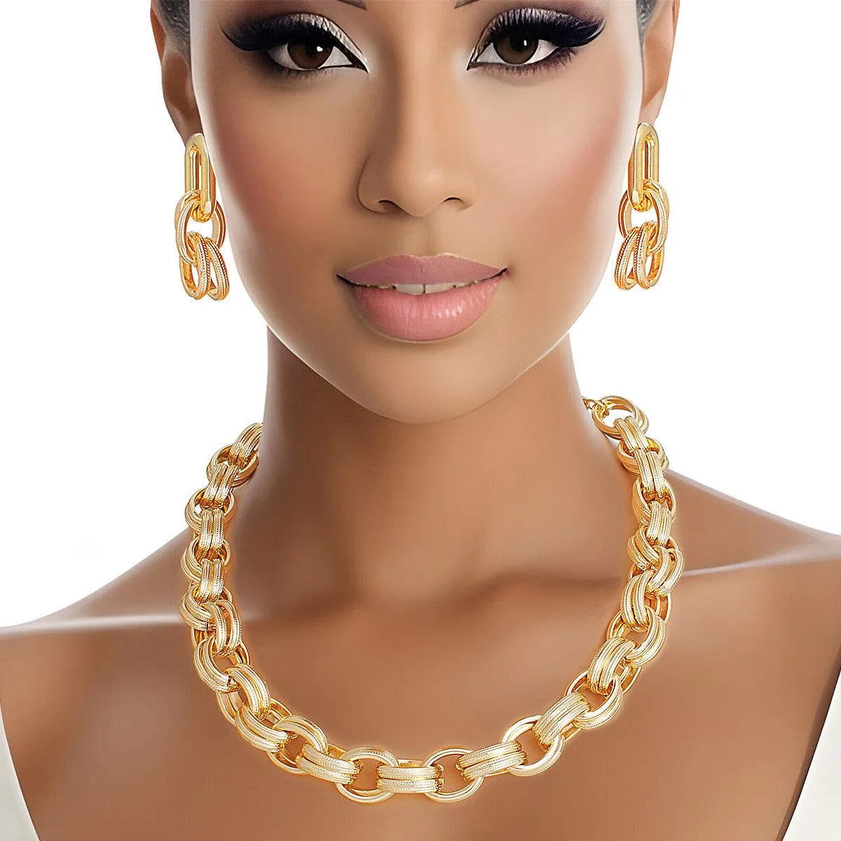 Chunky Gold Oval Link Chain Necklace & Earrings Set - Fashion Jewelry Jewelry Bubble