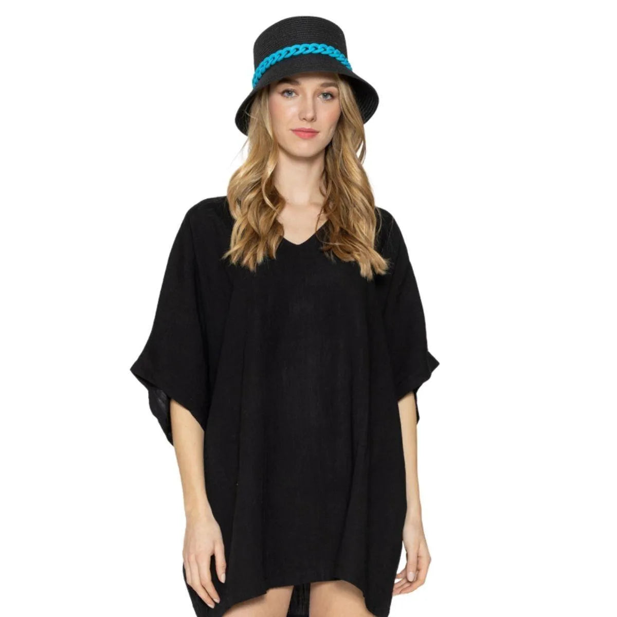 Classic Black Bucket Hat Blue Chain Detail Jewelry Bubble