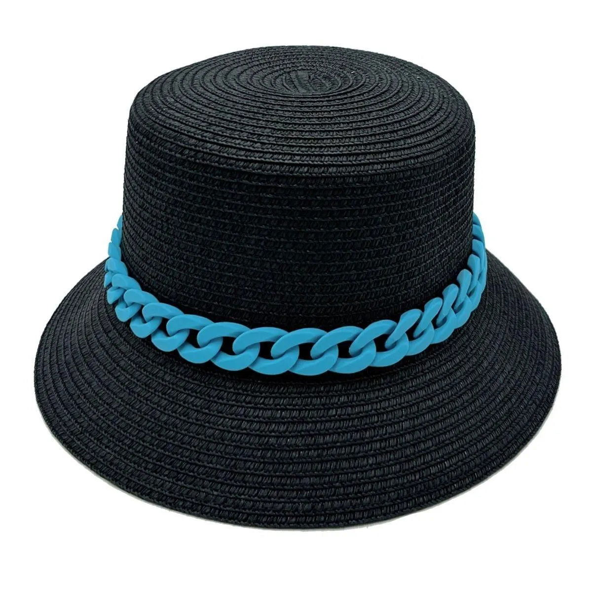 Classic Black Bucket Hat Blue Chain Detail Jewelry Bubble