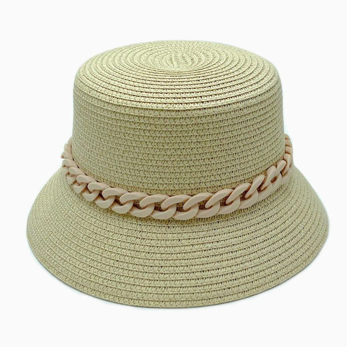 Classic Bucket Hat Beige Chain Detail Jewelry Bubble