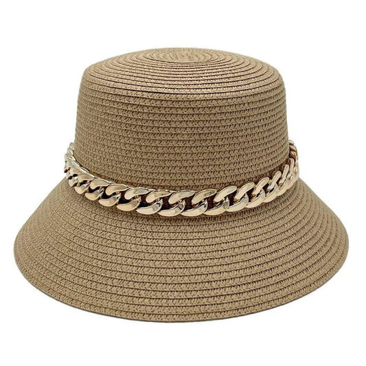 Classic Camel Bucket Hat Gold Tone Chain Detail Jewelry Bubble