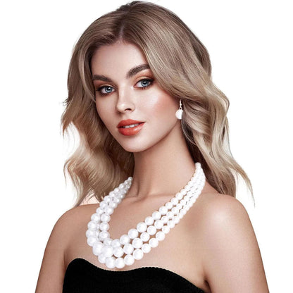 Classic Vintage-style 3-Strand White Pearl Necklace Set Jewelry Bubble