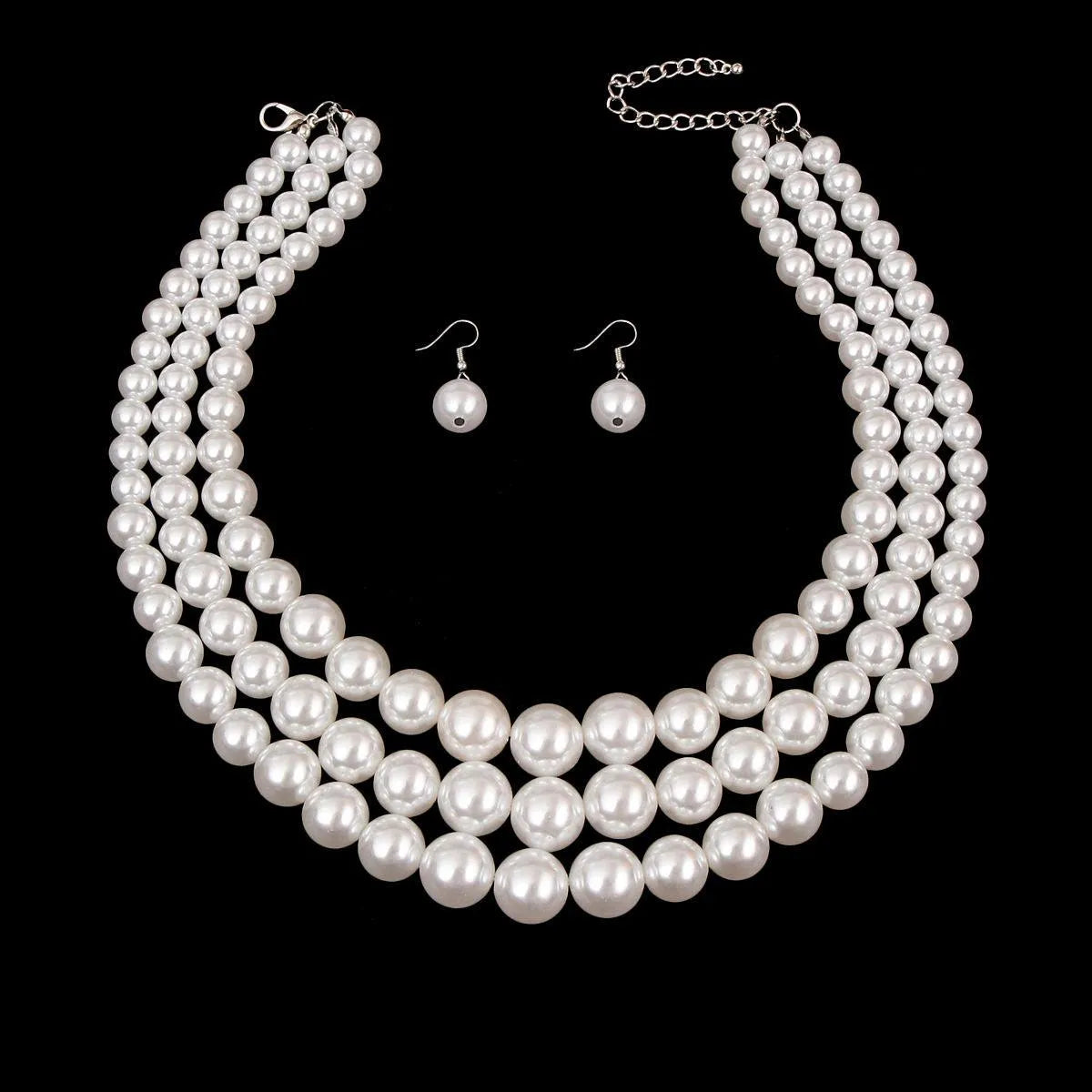 Classic Vintage-style 3-Strand White Pearl Necklace Set Jewelry Bubble