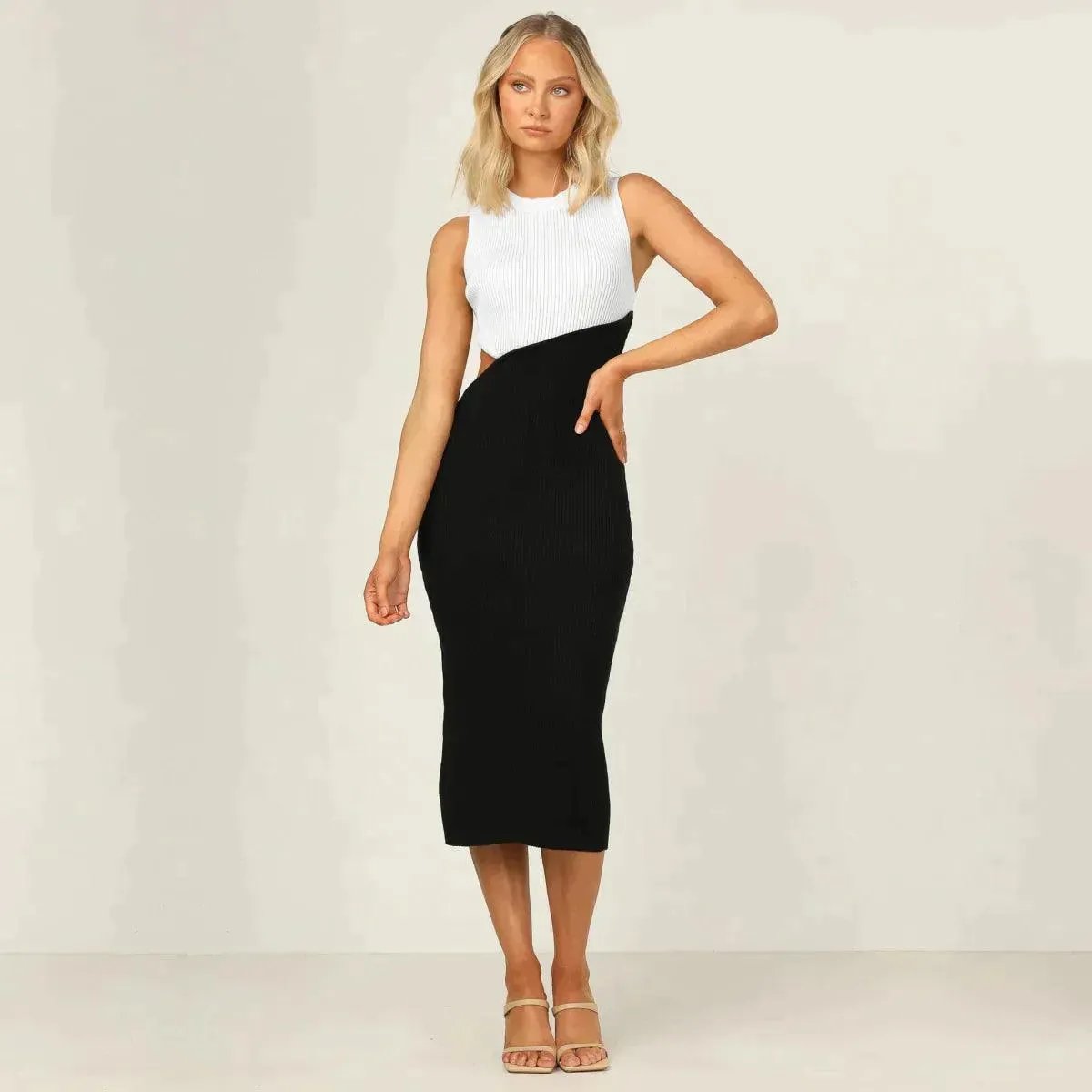Colorblock Cut Out Ribbed Tube Dress