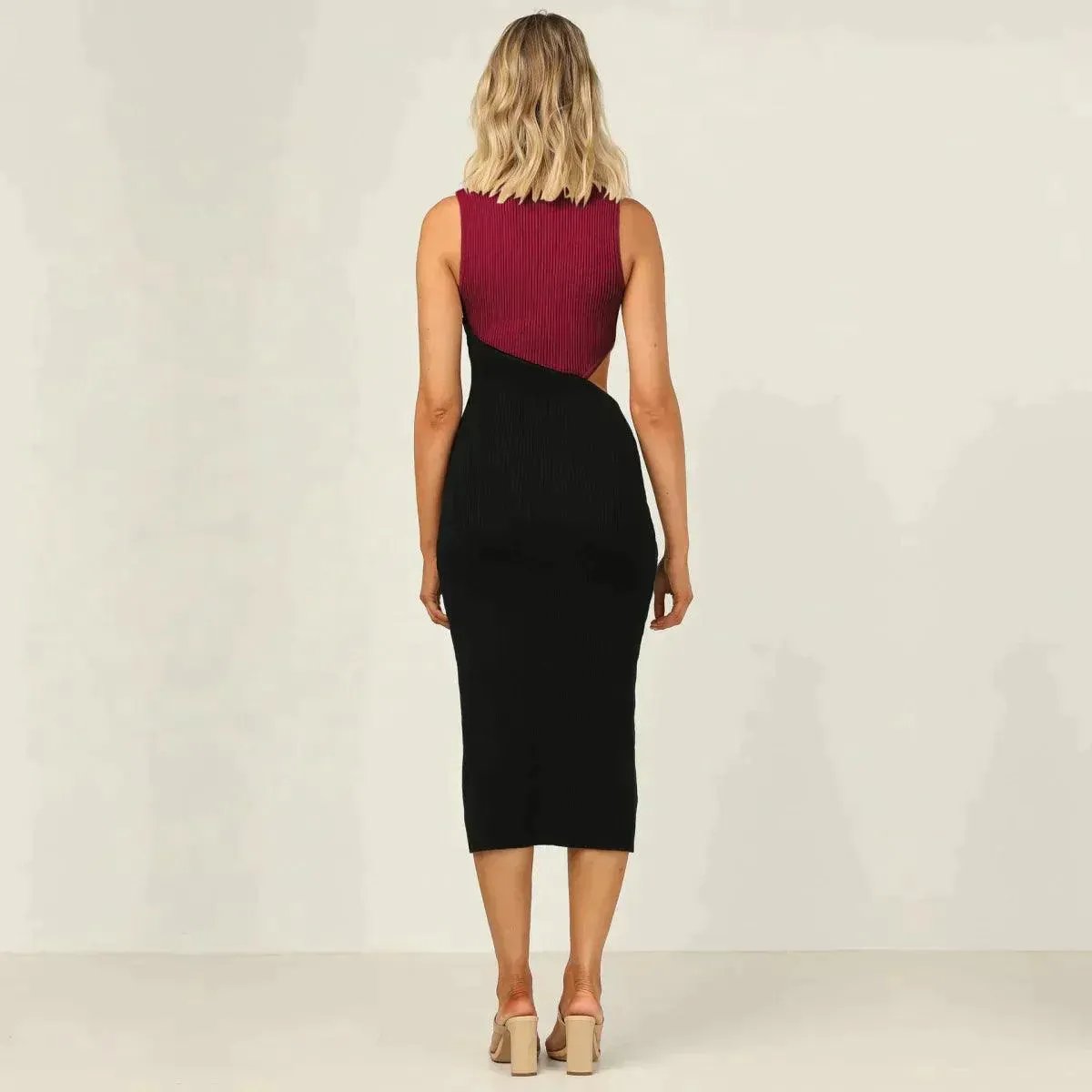 Colorblock Cut Out Ribbed Tube Dress