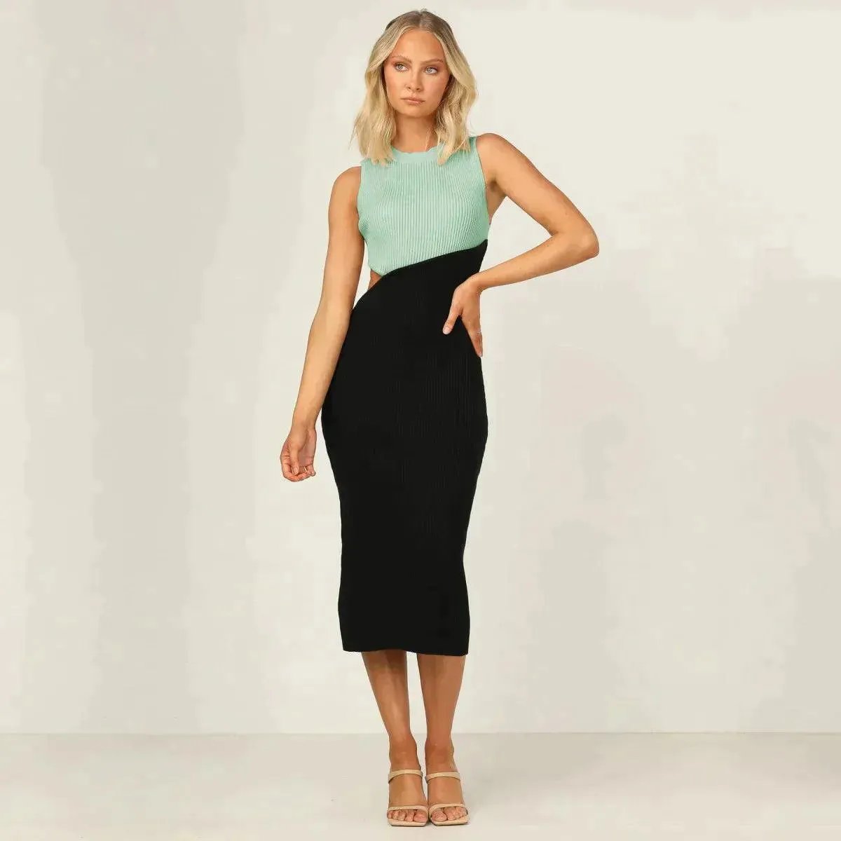 Colorblock Cut Out Ribbed Tube Dress