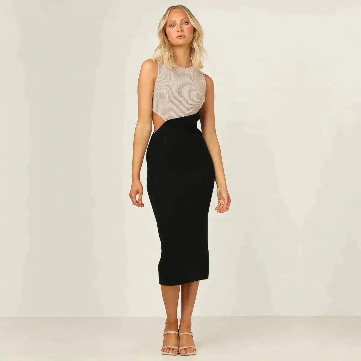 Colorblock Cut Out Ribbed Tube Dress