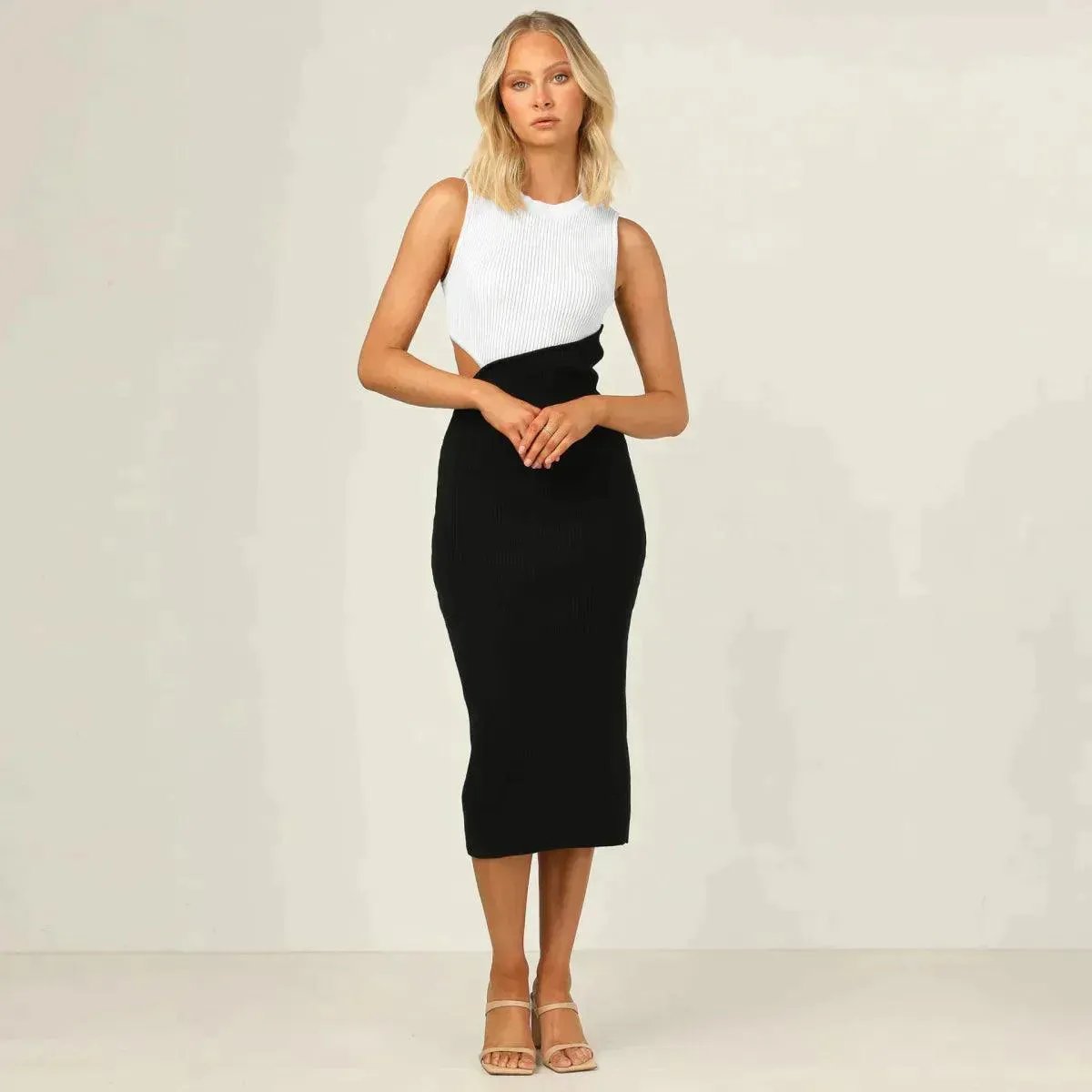 Colorblock Cut Out Ribbed Tube Dress