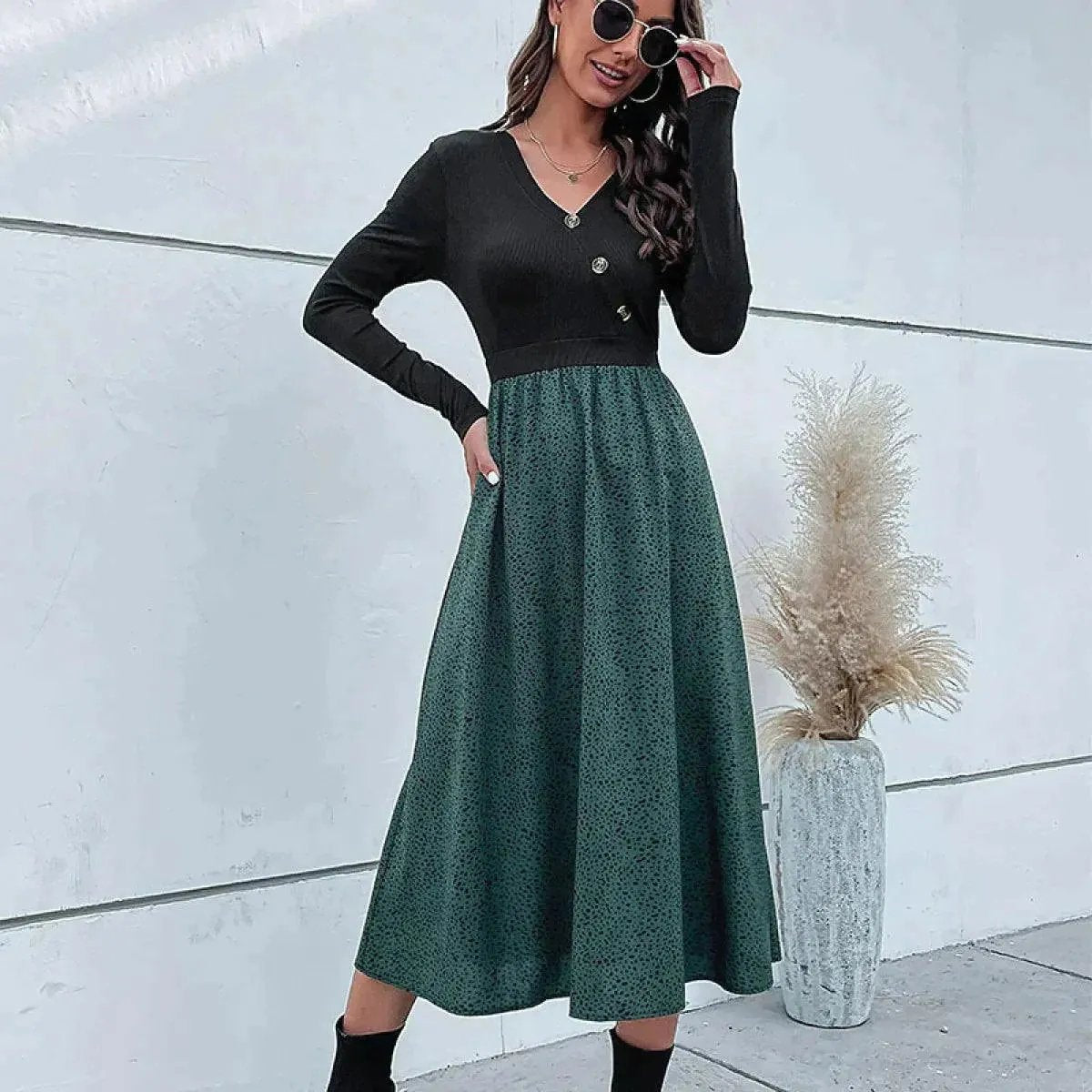 Colorblock Polka Dot Buttoned A-line Midi Dress