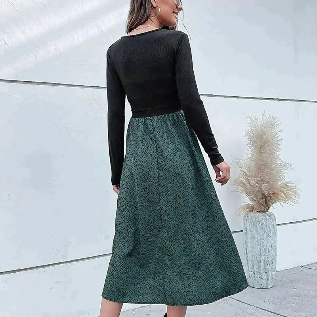 Colorblock Polka Dot Buttoned A-line Midi Dress