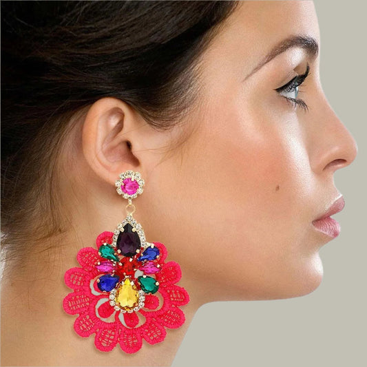 Colorful Faux Gems and Textile Drop Earrings Pinktown