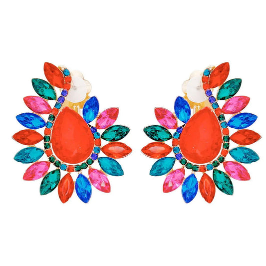 Colorful Teardrop Red Center Clip On Pageant Earrings for Elegant Style Pinktown