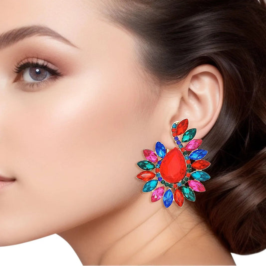 Colorful Teardrop Red Center Clip On Pageant Earrings for Elegant Style Pinktown