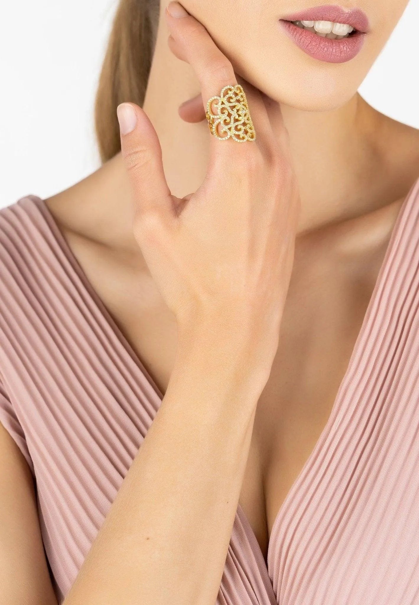 Countess Cocktail Ring Gold Plated White CZ Jewelry Bubble