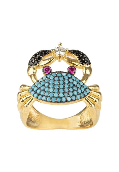 Crab Cocktail Ring Blue Turquoise Zirconia, Gold Plate Jewelry Bubble