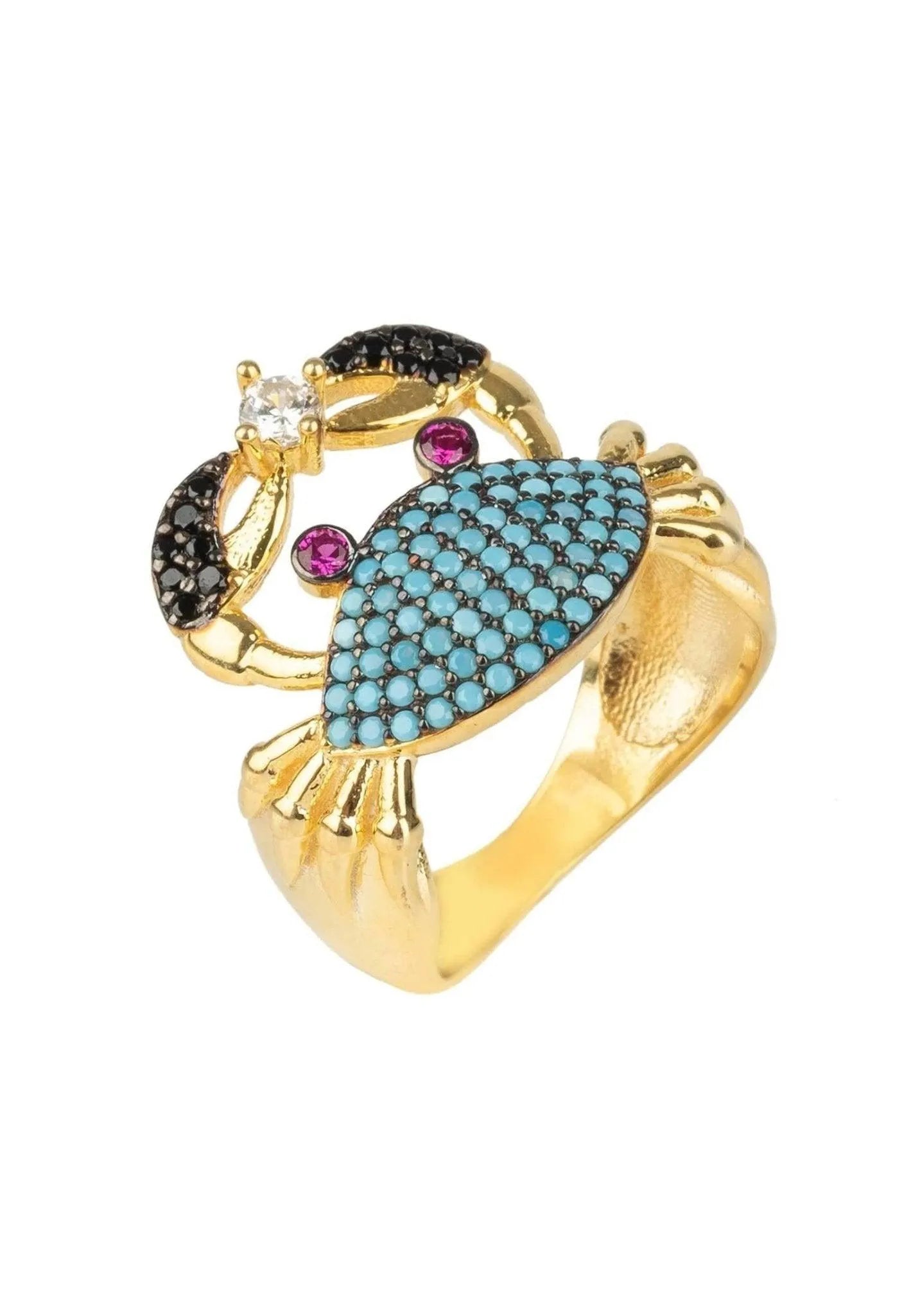 Crab Cocktail Ring Blue Turquoise Zirconia, Gold Plate Jewelry Bubble