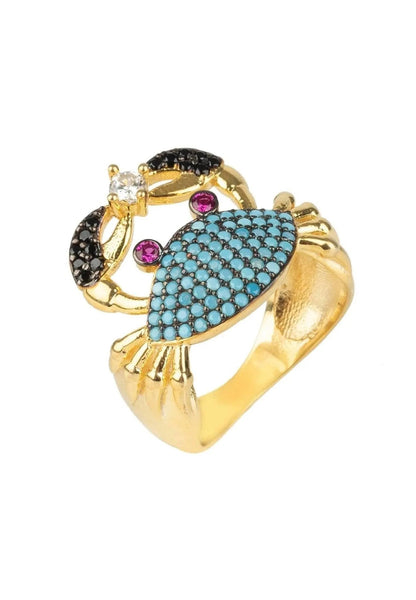 Crab Cocktail Ring Blue Turquoise Zirconia, Gold Plate Jewelry Bubble