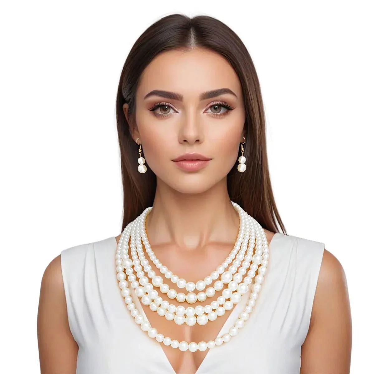 Cream Pearls Multi-Layer Necklace with Pearl Drop Earrings | Fashion Jewelry Jewelry Bubble