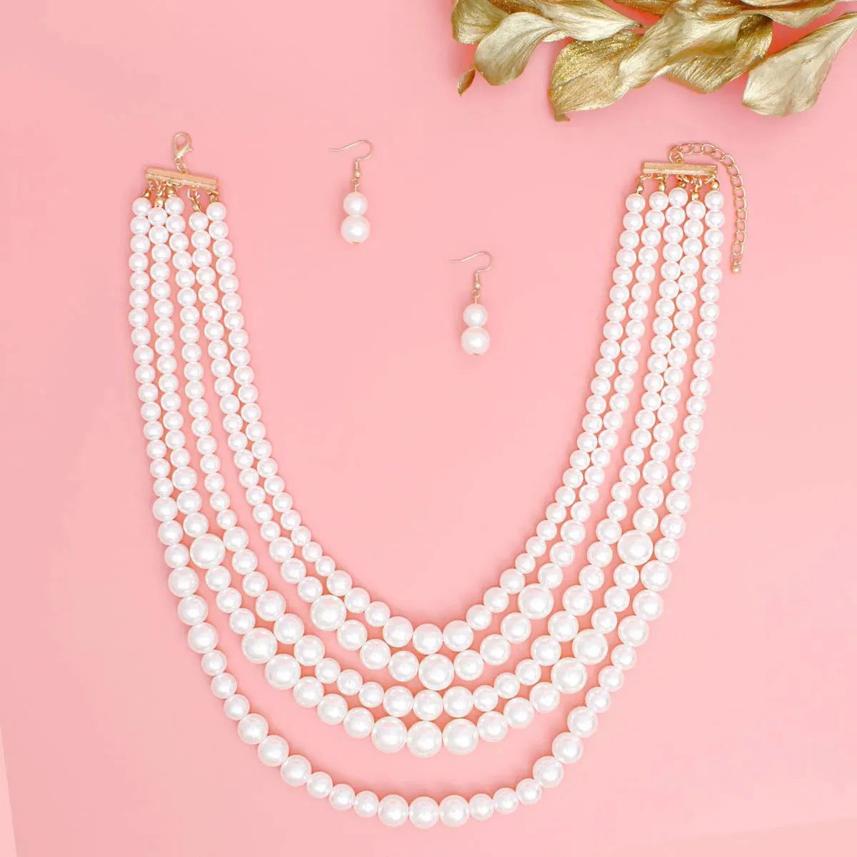 Cream Pearls Multi-Layer Necklace with Pearl Drop Earrings | Fashion Jewelry Jewelry Bubble