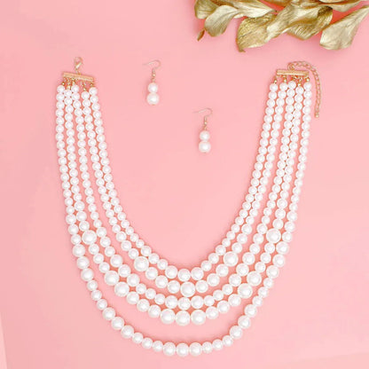 Cream Pearls Multi-Layer Necklace with Pearl Drop Earrings | Fashion Jewelry Jewelry Bubble