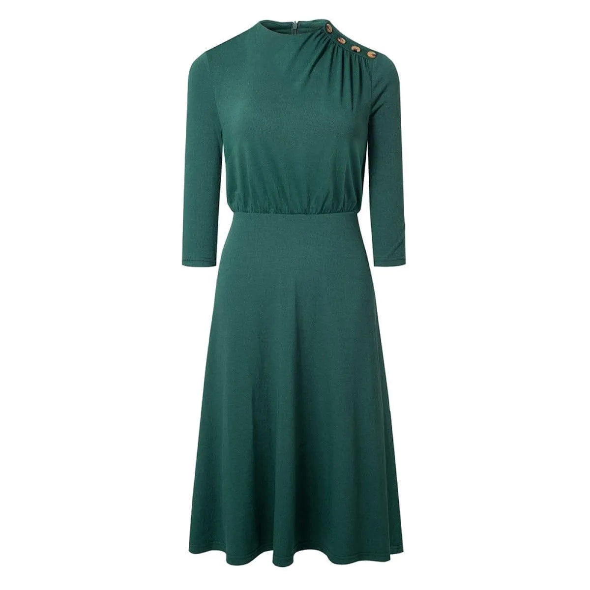 Crew Neck 3/4 Sleeve Solid Color Mini Dress With Buttons Jewelry Bubble