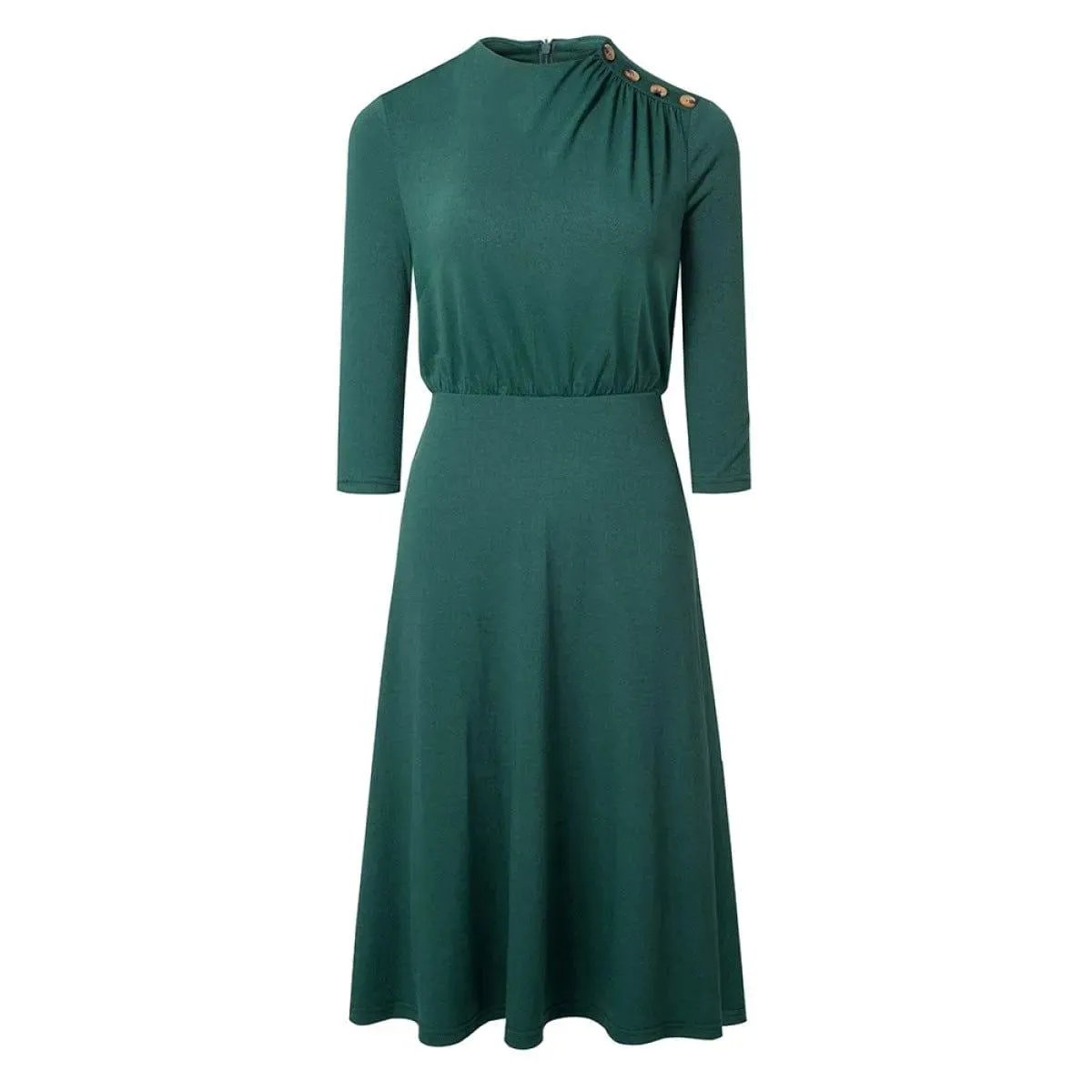 Crew Neck 3/4 Sleeve Solid Color Mini Dress With Buttons