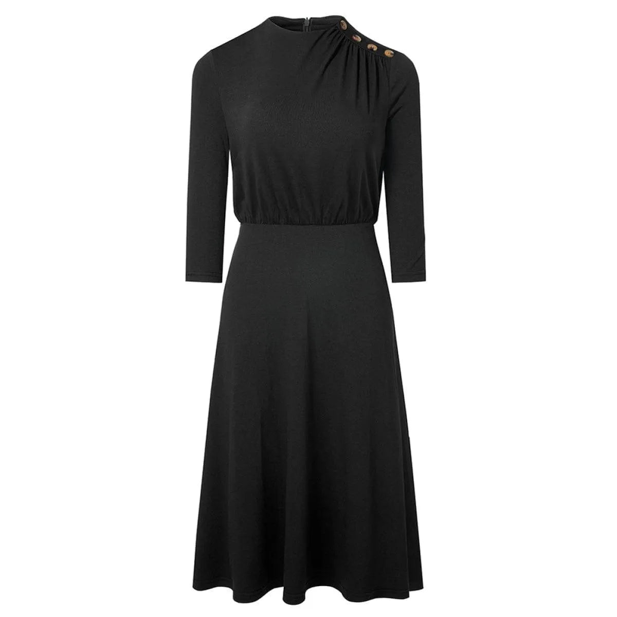 Crew Neck 3/4 Sleeve Solid Color Mini Dress With Buttons Jewelry Bubble