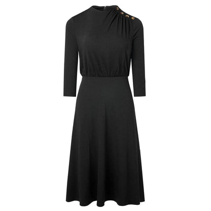 Crew Neck 3/4 Sleeve Solid Color Mini Dress With Buttons Jewelry Bubble