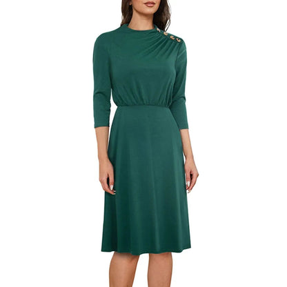 Crew Neck 3/4 Sleeve Solid Color Mini Dress With Buttons Jewelry Bubble