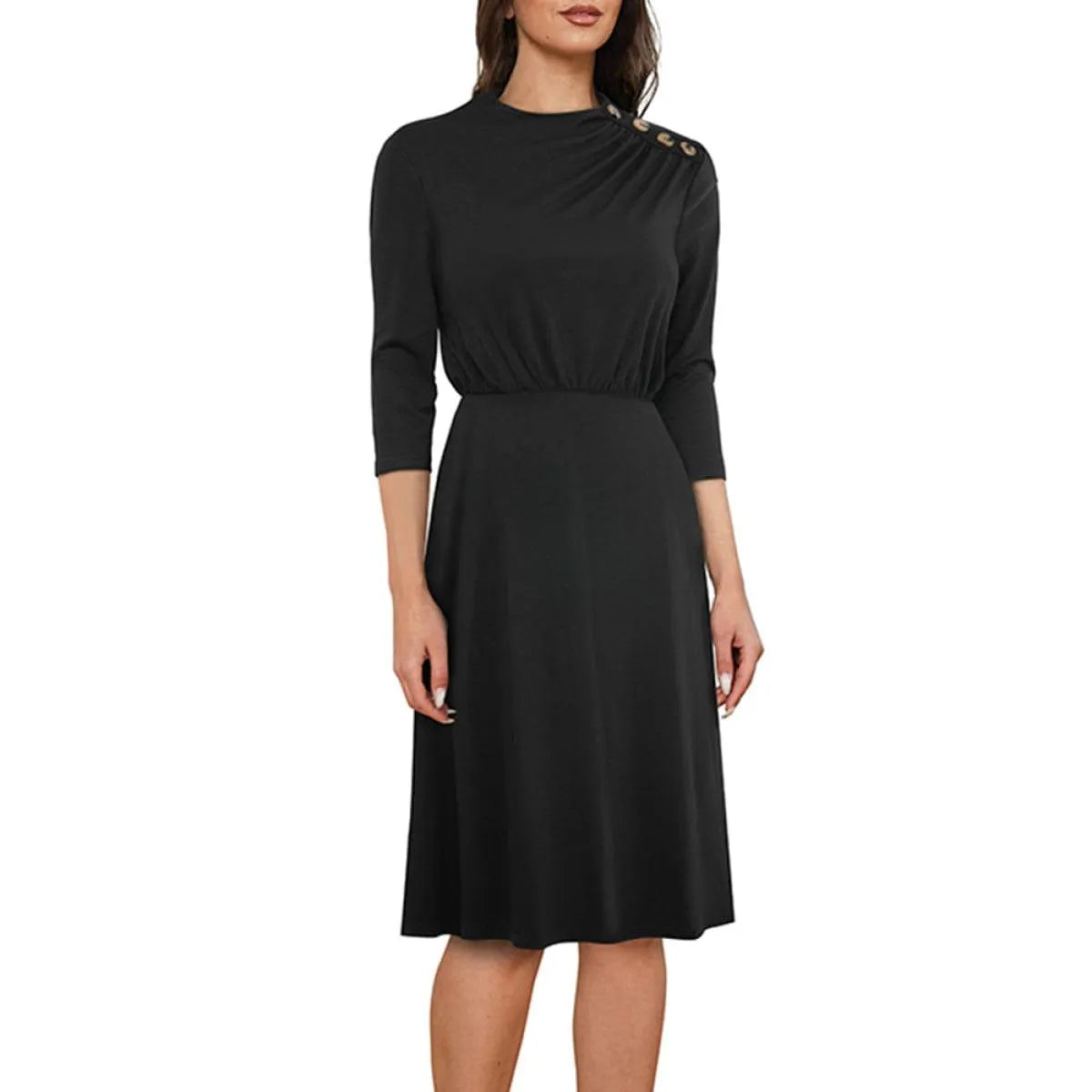 Crew Neck 3/4 Sleeve Solid Color Mini Dress With Buttons Jewelry Bubble