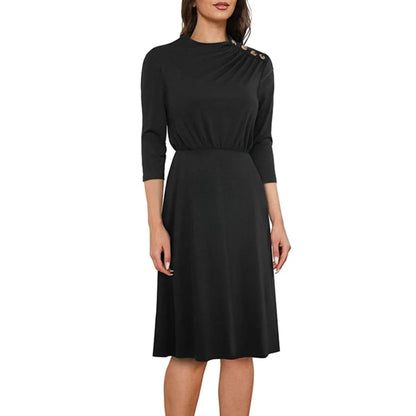 Crew Neck 3/4 Sleeve Solid Color Mini Dress With Buttons Jewelry Bubble