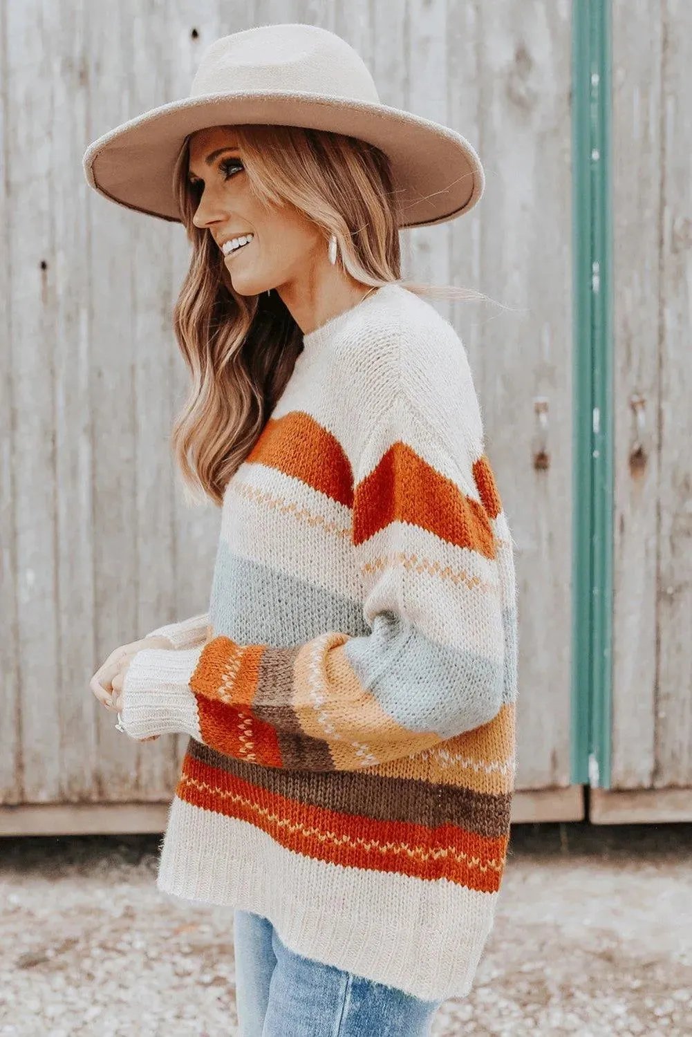 Crew Neck Drop-Shoulder Striped Color Block Sweater