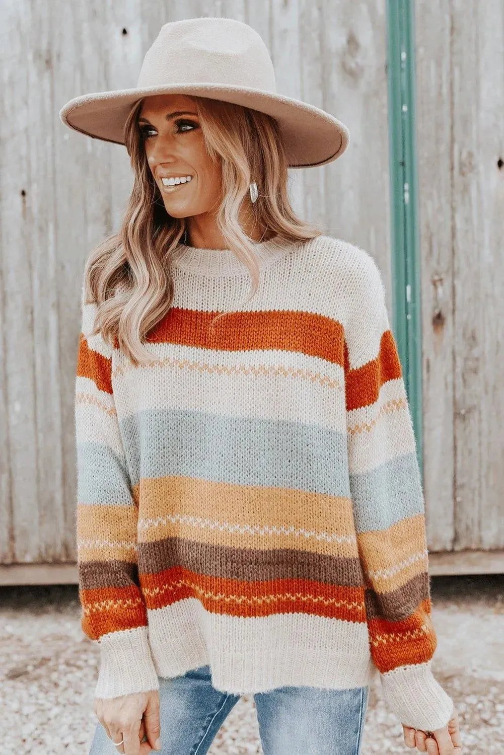 Crew Neck Drop-Shoulder Striped Color Block Sweater